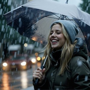 Blonde woman laughing and holding an umbrella outdoors—free image for lifestyle, happiness or weather-theme visuals.