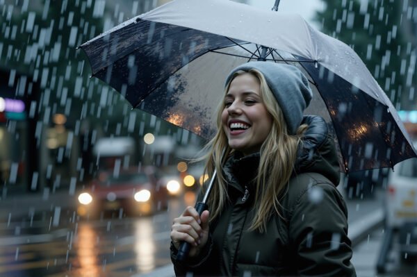 Blonde woman laughing while holding an umbrella in the rain in the street