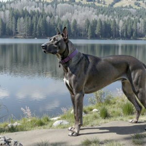 Great Dane standing next to calm lake