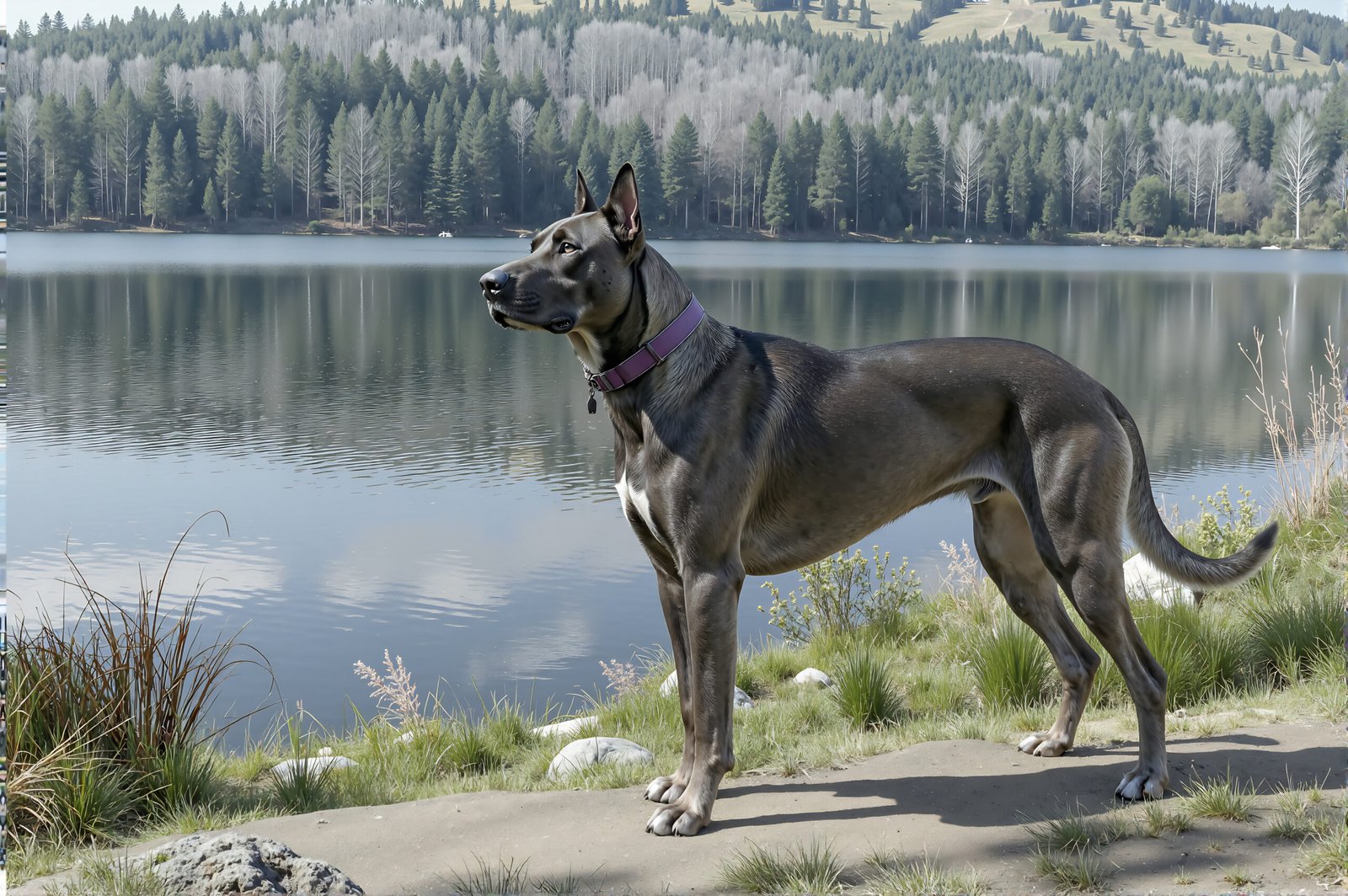 Great Dane standing next to calm lake