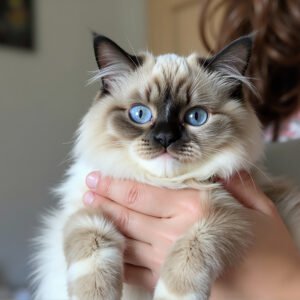Ragdoll cat being held in arms, blue eyes and relaxed limbs, soft cream and gray fur