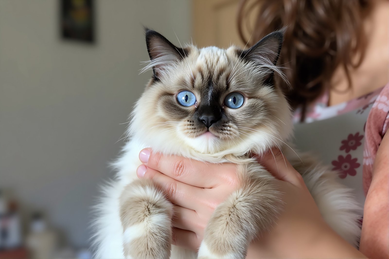 Ragdoll cat being held in arms, blue eyes and relaxed limbs, soft cream and gray fur