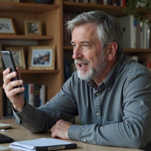 Gray-haired man speaking to a virtual assistant device in his home office