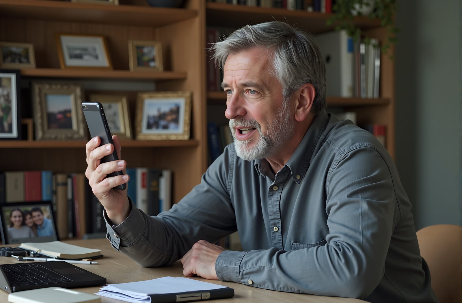 Gray-haired man speaking to a virtual assistant device in his home office