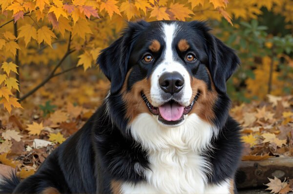 Close-up portrait of a Bernese Mountain Dog with tricolor coat and expressive eyes, royalty-free stock image