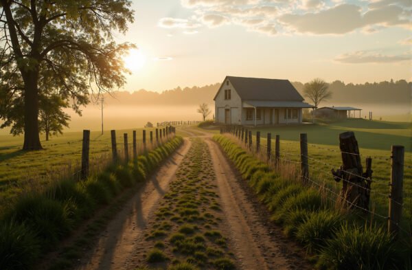 A dirt country road leading to a small countryside farmhouse, early morning light.