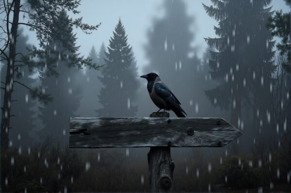 A crow perched on a rustic wooden signpost in a forest at night