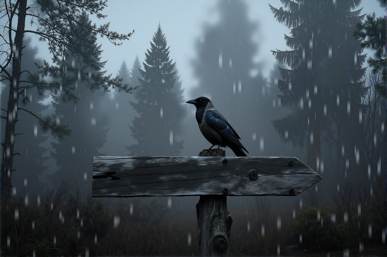 Black crow perched on rustic weathered wooden signpost in dark mysterious forest setting at night