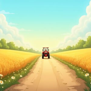 A bright summer cartoon country road with golden wheat fields, colorful wildflowers, and a tractor slowly moving in the distance.