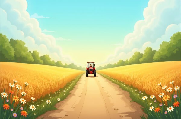 A bright summer cartoon country road with golden wheat fields, colorful wildflowers, and a tractor slowly moving in the distance.
