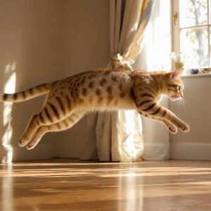 Bengal cat mid-jump in a sunlit room, spotted golden coat, athletic build captured in motion