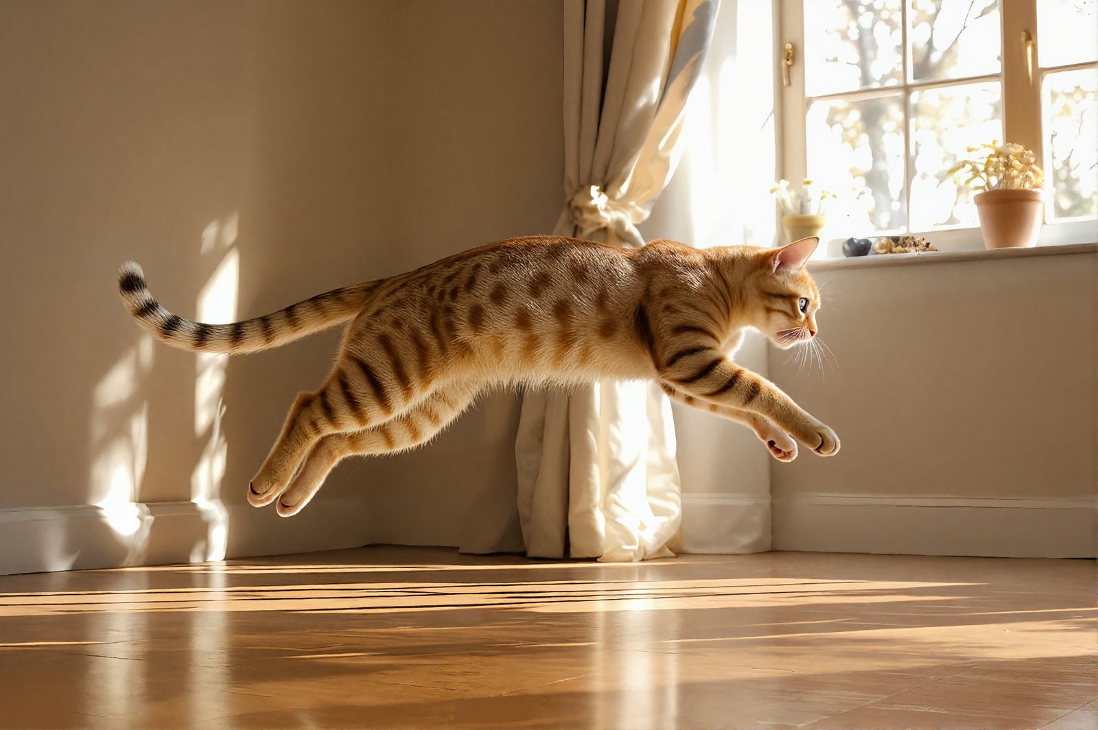 Bengal cat mid-jump in a sunlit room, spotted golden coat, athletic build captured in motion