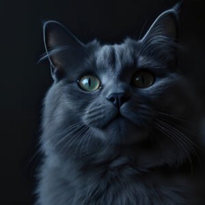 Russian Blue cat with shiny green eyes, dense blue-gray coat, moody lighting