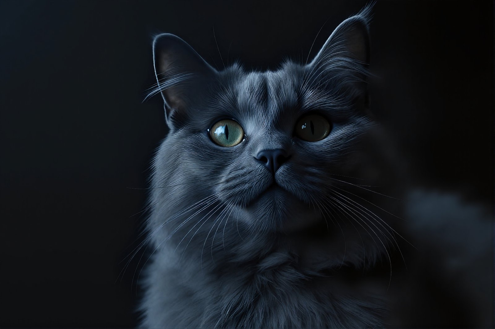 Russian Blue cat with shiny green eyes, dense blue-gray coat, moody lighting