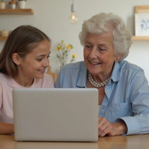 Grandchild teaching an elderly woman how to use a laptop, both smiling, seated together at a dining table with open computer