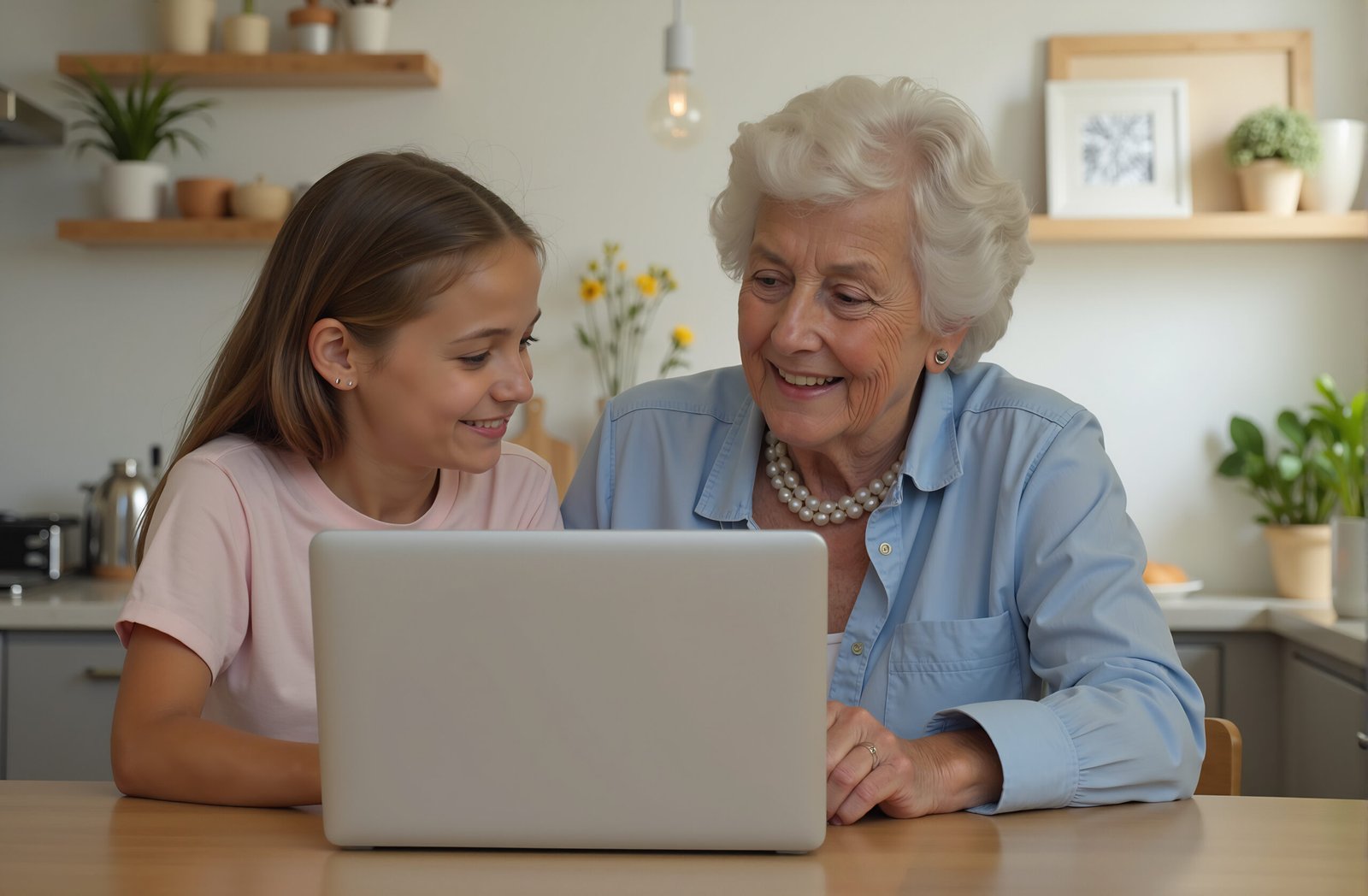 Grandchild teaching an elderly woman how to use a laptop, both smiling, seated together at a dining table with open computer