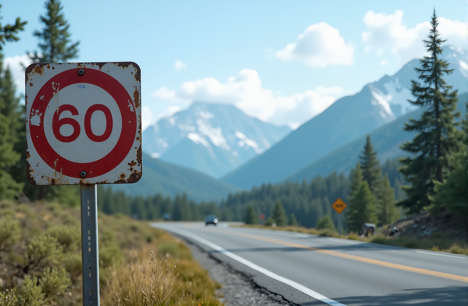 Photorealistic image of a speed limit 60 old rusted road sign on a roadside