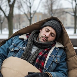 Homeless man sleeping on a park bench in urban park—free image for homelessness, social issue or awareness visuals.