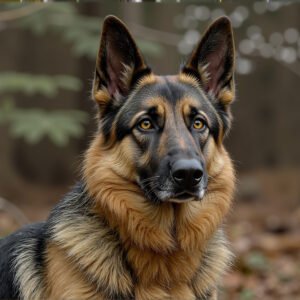 German Shepherd alert and standing in front of a blurred forest, detailed fur texture and deep eyes