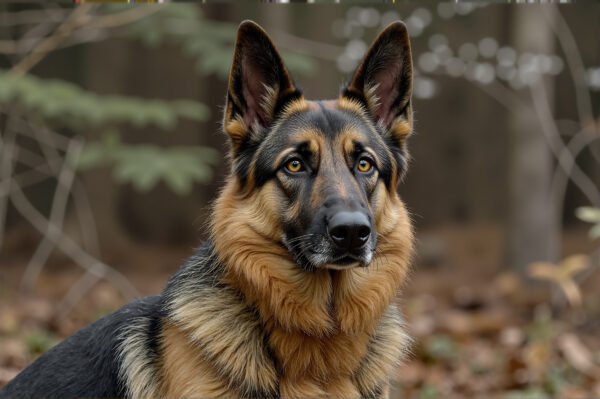 German Shepherd alert and standing in front of a blurred forest, detailed fur texture and deep eyes