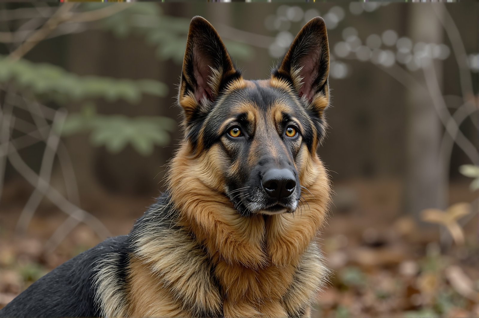 German Shepherd alert and standing in front of a blurred forest, detailed fur texture and deep eyes