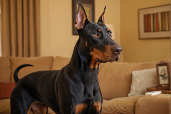 Great Dane standing indoor with sleek smooth coat
