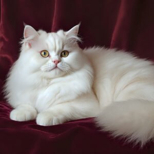 Persian cat resting on a velvet cushion, long white fur, expressive flat face