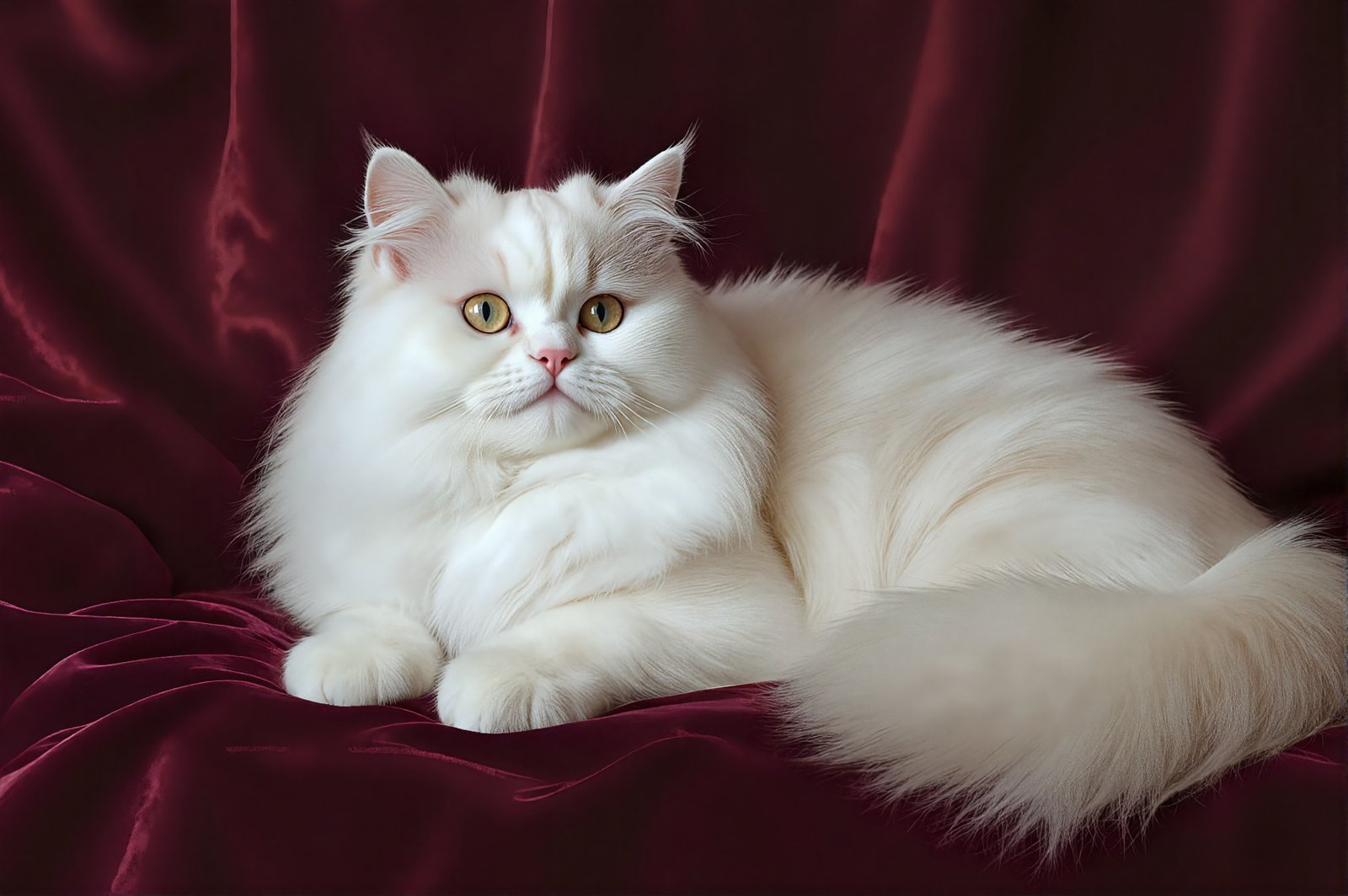 Persian cat resting on a velvet cushion, long white fur, expressive flat face