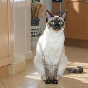 Siamese cat sitting on a tiled kitchen floor, slim build, cream coat with dark points, bright daylight