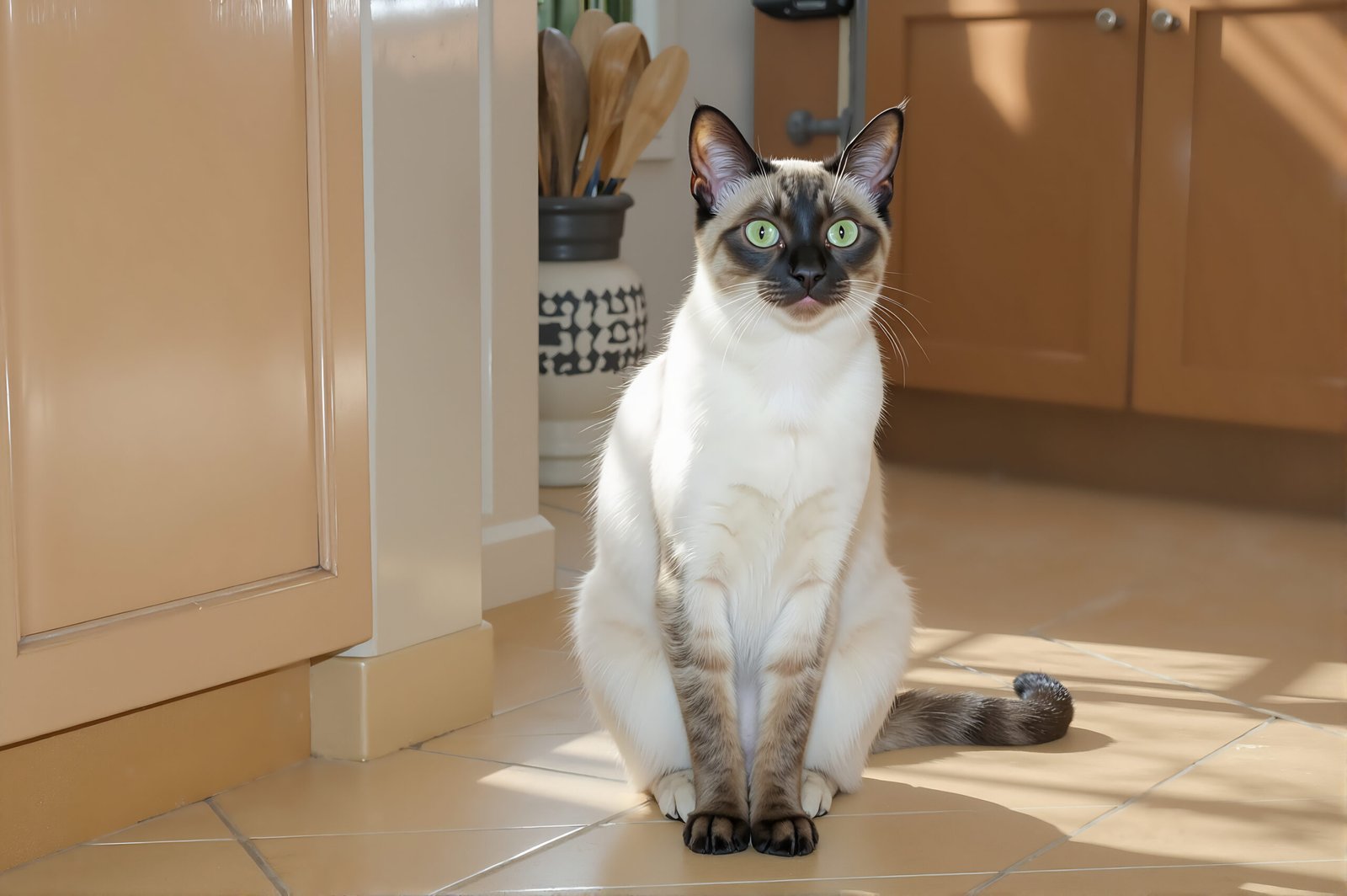 Siamese cat sitting on a tiled kitchen floor, slim build, cream coat with dark points, bright daylight