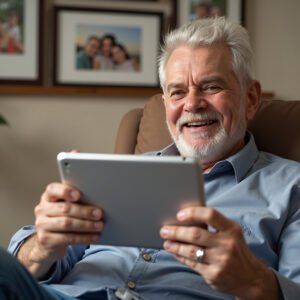 Old man video calling with family on a tablet, happy expression, sitting in a recliner, framed family photos behind him