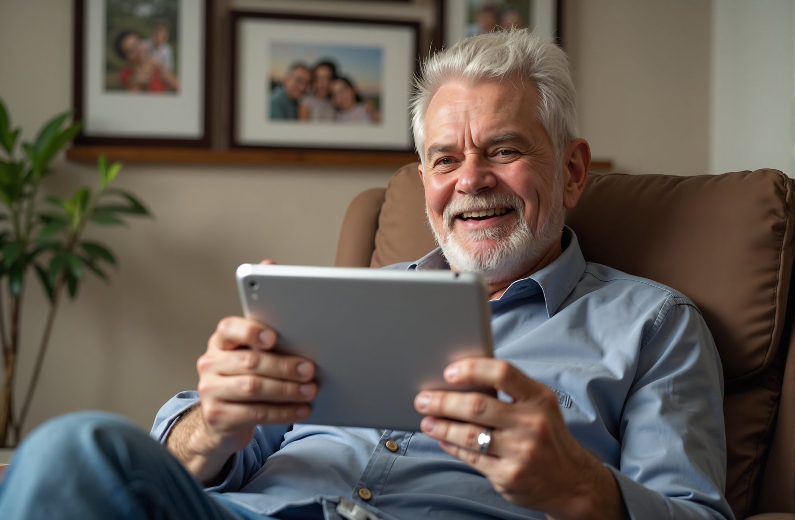 Old man video calling with family on a tablet, happy expression, sitting in a recliner, framed family photos behind him