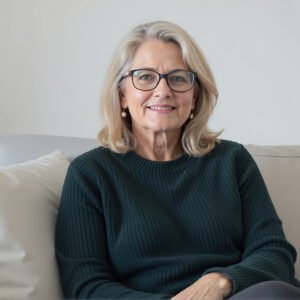 Portrait of a mature blonde woman wearing glasses—free image for lifestyle, professional profile or beauty visuals.