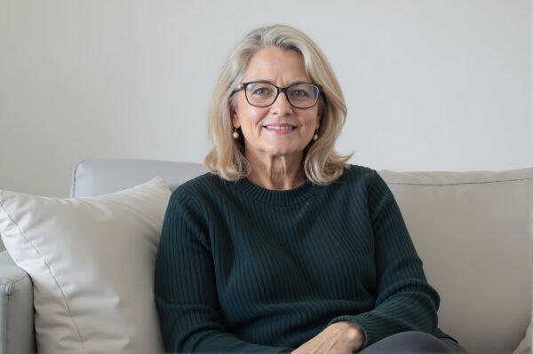 Mature blonde woman with shoulder-length hair and glasses, seated on a sofa at home