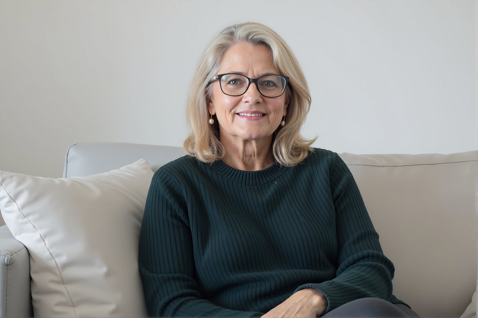 Portrait of a mature blonde woman wearing glasses—free image for lifestyle, professional profile or beauty visuals.