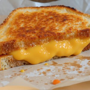 Close-up of a grilled cheese sandwich, cheese melting, golden-brown crispy bread, placed on parchment paper