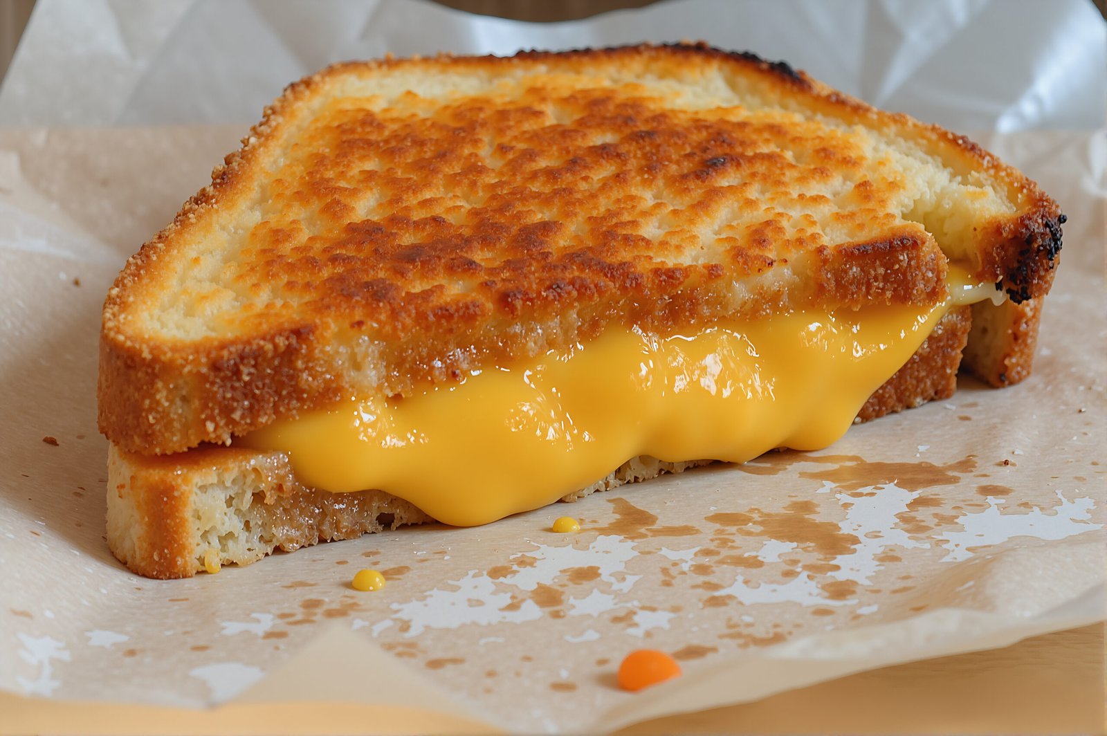 Close-up of a grilled cheese sandwich, cheese melting, golden-brown crispy bread, placed on parchment paper