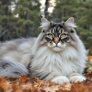 Norwegian Forest Cat laying on grass, long fluffy coat blowing in the breeze, pine forest backdrop