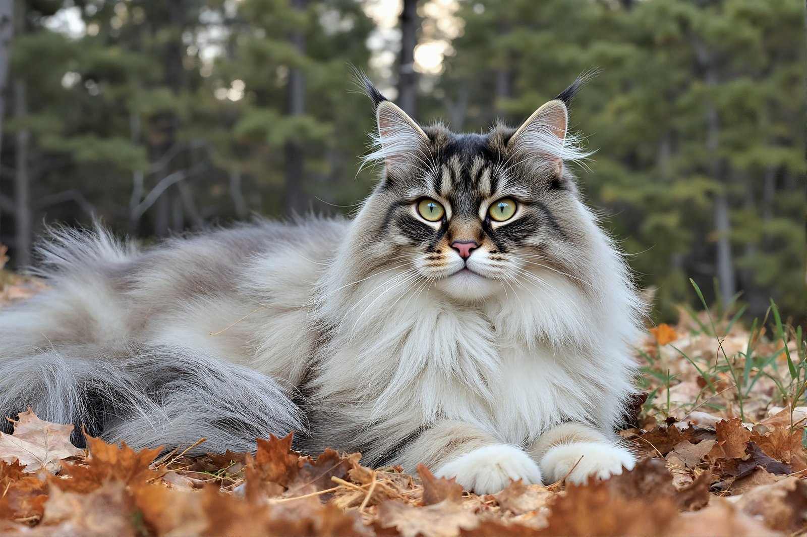 Norwegian Forest Cat laying on grass, long fluffy coat blowing in the breeze, pine forest backdrop