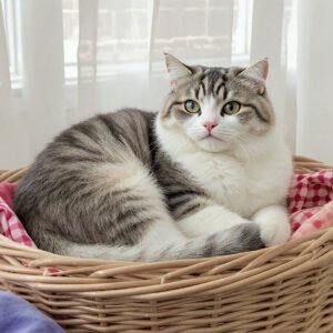 Scottish Fold cat sitting curled in a basket, folded ears, round face, indoor natural light