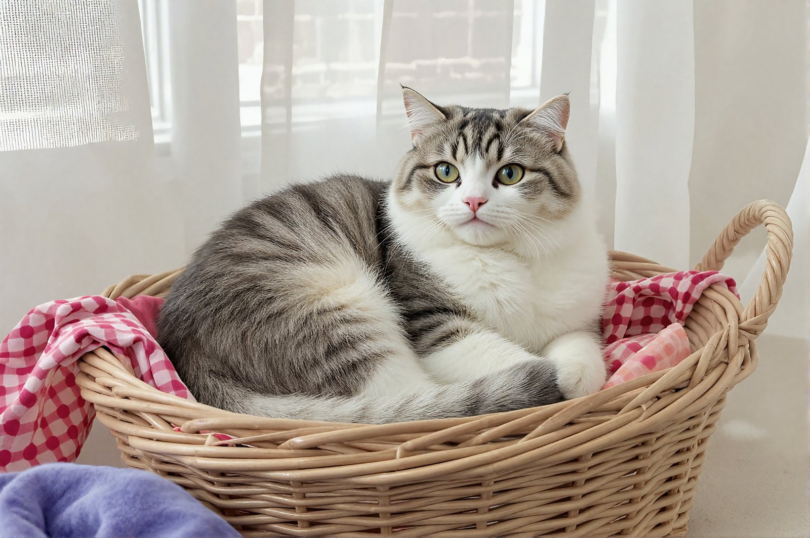 Scottish Fold cat sitting curled in a basket, folded ears, round face, indoor natural light