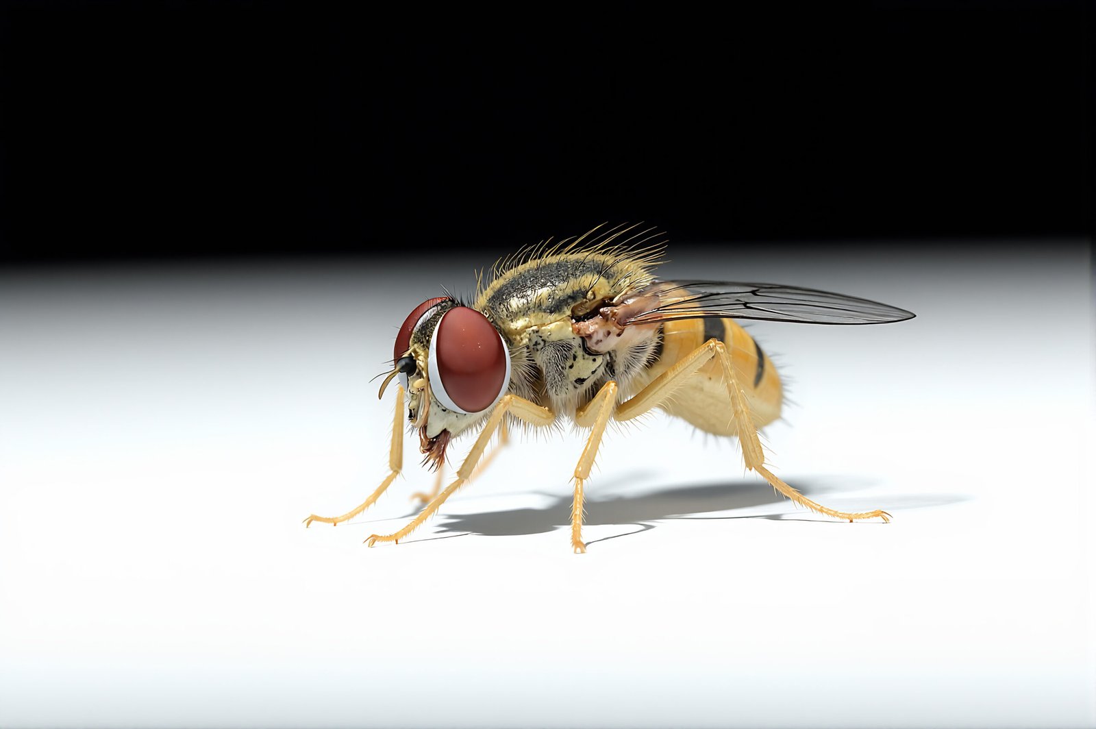Close-up photorealistic image of a single fruit-fly insect with fine detail—free image for science, nature or macro visuals.