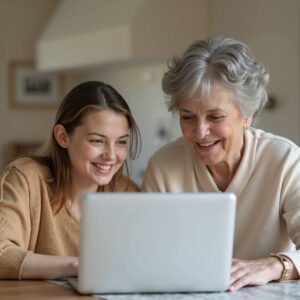 Grandchild teaching an elderly woman how to use a laptop, both smiling, seated together at a dining table with open computer