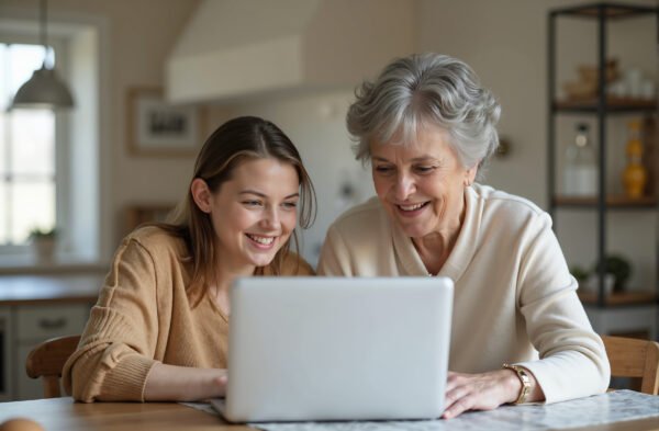 Grandchild teaching an elderly woman how to use a laptop, both smiling, seated together at a dining table with open computer