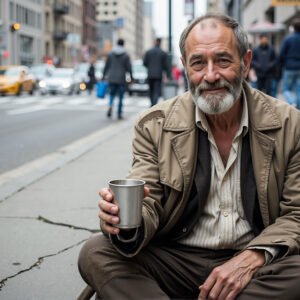 elderly homeless man sitting on a city sidewalk holding a cup for donations