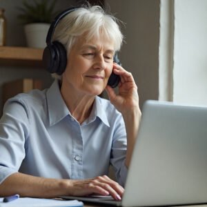 Senior woman attending an online class on a laptop, wearing headphones, sitting at a tidy desk with a notebook and pen
