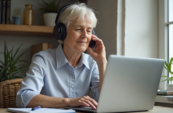 Senior woman attending an online class on a laptop, wearing headphones, sitting at a tidy desk with a notebook and pen