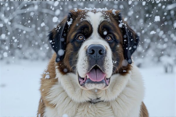 Saint Bernard portrait in winter snow, expressive face and thick coat texture