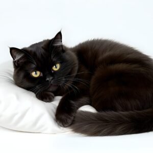 Exotic Shorthair cat curled on a pillow, flattened face with short coat, isolated