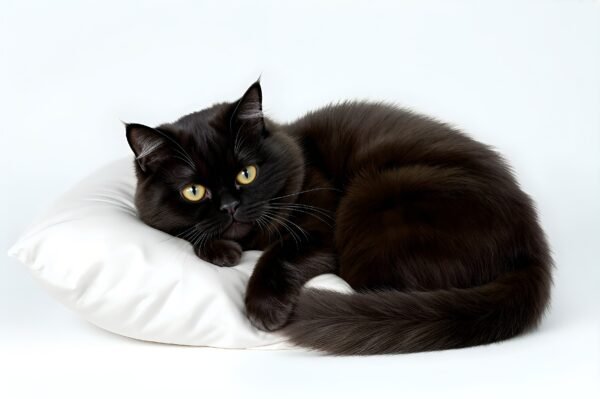 Exotic Shorthair cat curled on a pillow, flattened face with short coat, isolated